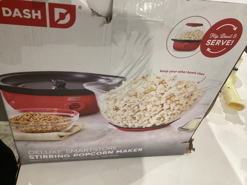 Condition photo showing Good Condition for dash smartstore deluxe stirring popcorn maker - hot oil electric popcorn popper with butter-warming tray, clear serving bowl, storage lid & measuring cup - 24 cups, red 24 cups red