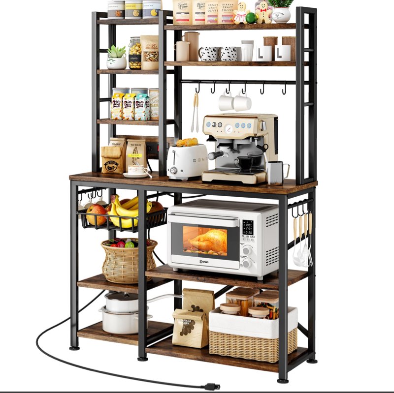 Baker Rack with Power Outlet - Microwave Stand with Storage, Large Coffee Bar Station with 14 Hooks, Metal Kitchen Shelf Rack for Spices, Pots, Rustic Bro