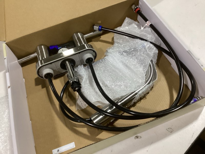 Condition photo showing As Is for allen + roth Harlow Simplefit Brushed Nickel PVD 4-in centerset 2-handle WaterSense 