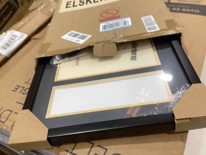 Condition photo showing Good Condition for elsker&home 11x22 diploma frames with tassel holder for 8.5x11 certificate document shadow box, 4x6 graduation photo, matte black frame, degree double mat, black with gold rim black 11x22 diploma frame with tassel and photo