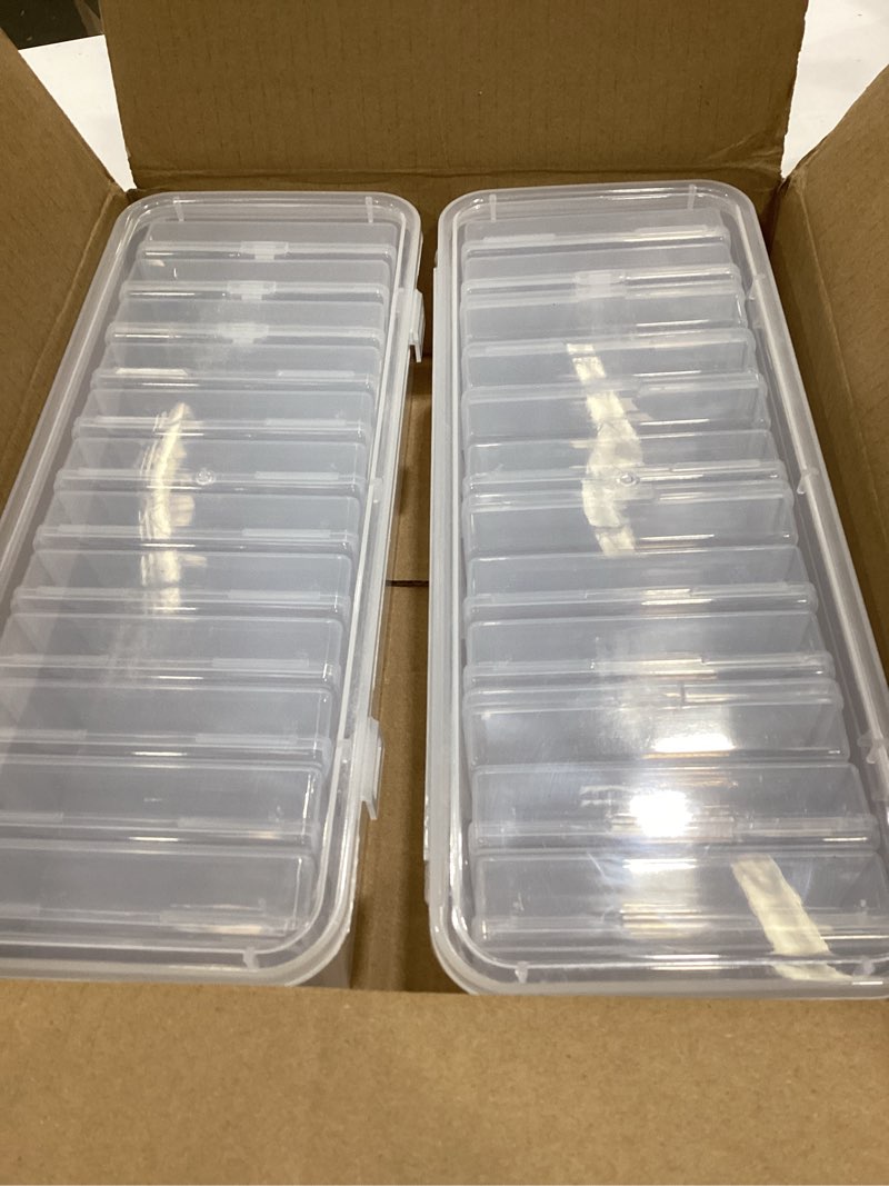 Condition photo showing As Is for 24 pcs playing card box, clear trading card storage organizer 3.86 x 2.91 x 0.94 inch plastic card deck case snap closed holder storage organizer for gaming cards, business card storage (24)