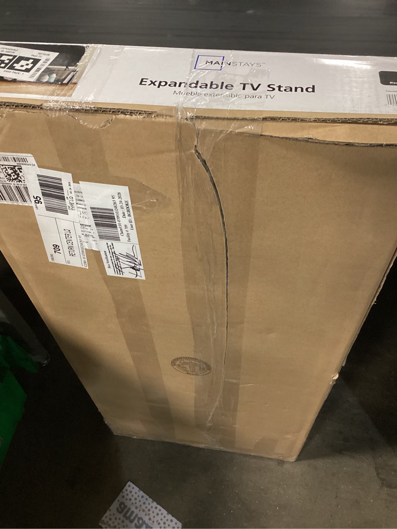 Condition photo showing New/Like New for mainstays adjustable side by side or stacking tv stand for tvs up to 70 inches, black oak