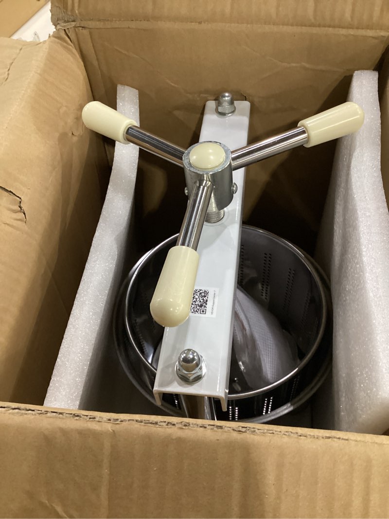 Condition photo showing New/Like New for vevor 1.45 gal/5l fruit wine press, 2 stainless steel barrels, manual juice maker, cider apple grape tincture honey olive oil making press with triangular handle for outdoor kitchen home 1.45 gal white