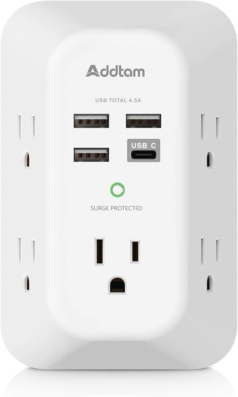 addtam usb wall charger surge protector 5 outlet extender with 4 usb charging ports (1 usb c outlet) 3 sided 1800j power strip multi plug outlets wall adapter spaced for home travel office etl listed