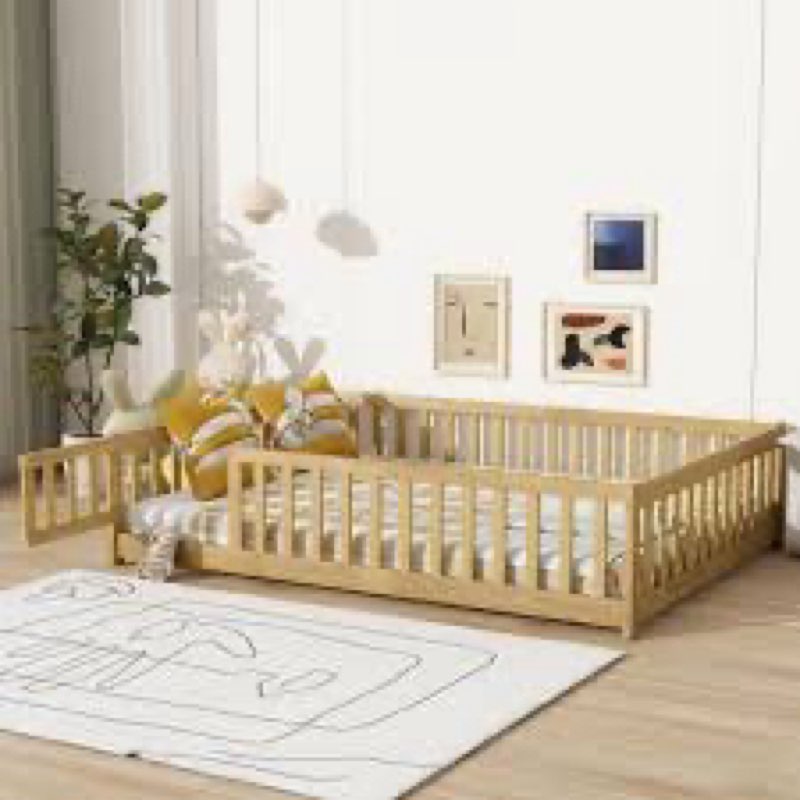 full size floor bed with slats and fence for kids, montessori floor bed with door and safety guardrails,wood full size floor bed frame, montessori bed full size for girls boys,natural
