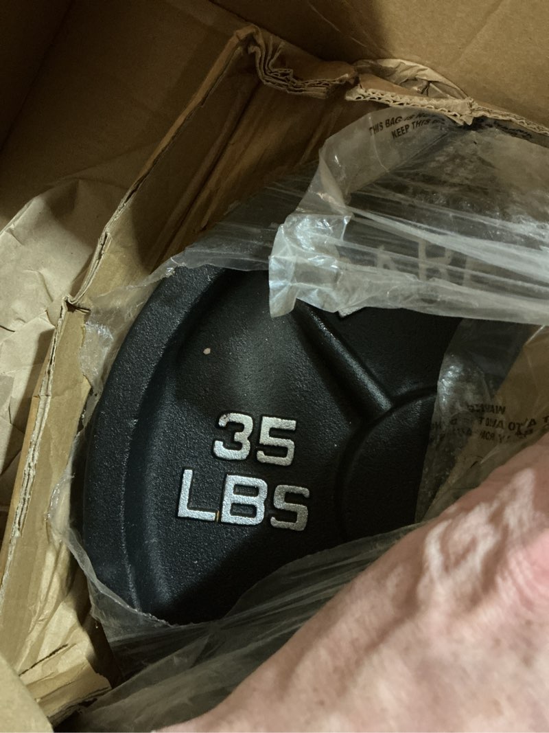 Condition photo showing As Is for fitvids 1 inch standard barbell weight plates, 2.5 lb to 45 lb plates for home gym strength training, deep grip edge 5lb (set of 4) (1 35lb plate only)