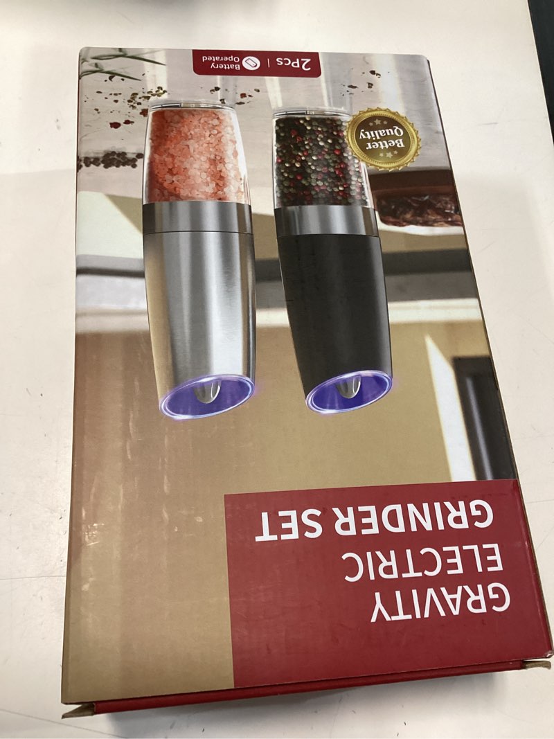 Condition photo showing New/Like New for 2 piece set electric salt and pepper grinder set , adjustable coarseness mill grinders stainless steel