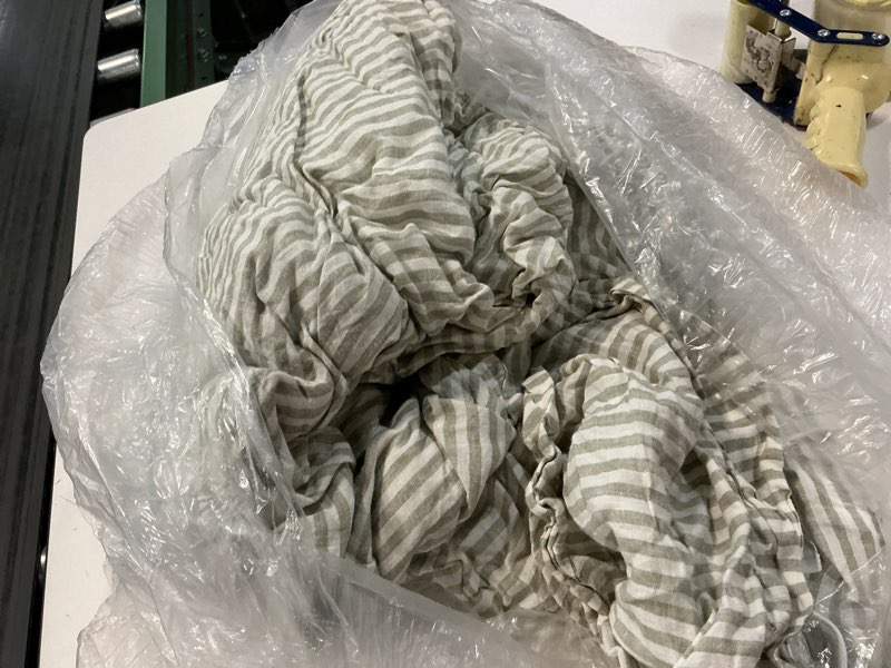 Condition photo showing As Is for european linen stripe deluxe bedding bundle, king, willowleaf/white stripe