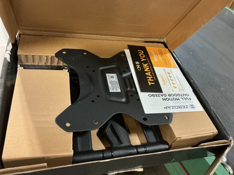 Condition photo showing As Is for zebozap zztva2022 gazebo tv mount – fits 19”-50” tvs | full-motion square post pole mount | outdoor tv mount | holds 66 lbs | weatherproof black | alternative to outdoor tv stand gazebo post full motion for 19"-50" tv