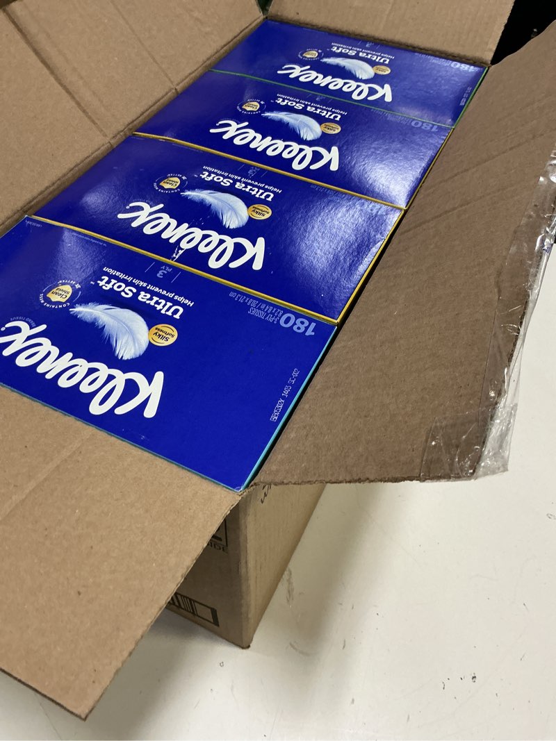 Condition photo showing New/Like New for kleenex ultra soft facial tissues, 8 flat boxes, 180 tissues per box, 3-ply, packaging may vary