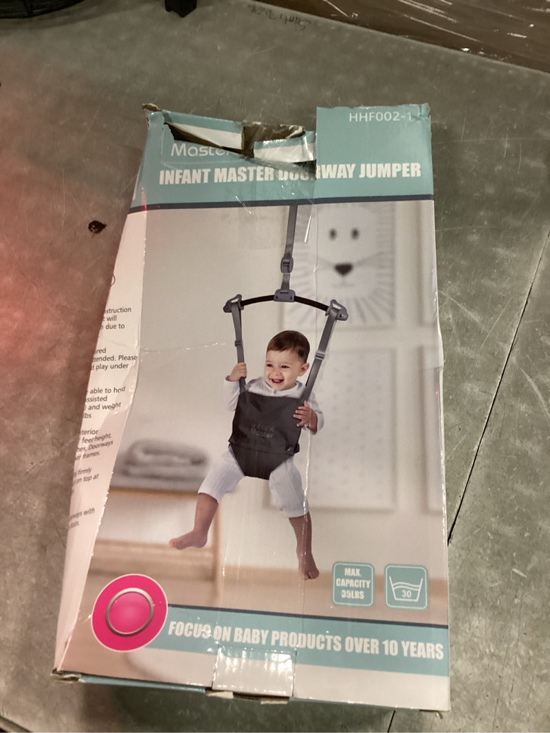Condition photo showing New/Like New for infant master baby doorway jumpers, sturdy johnny jumper w/adjustable 10.8"-23.6" inches strap, soft baby johnny bouncer w/seat bag, ideal gift for infant, portable and easy to use, grey