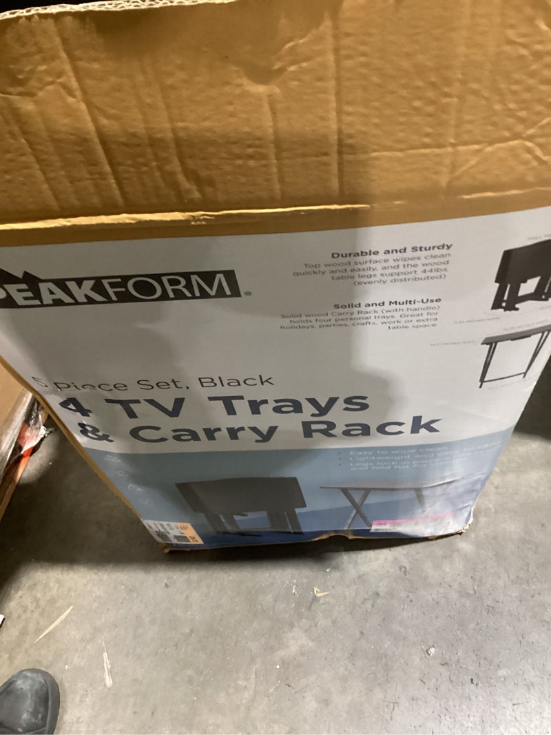 Condition photo showing As Is for peakform 5pc tv tray set wood black