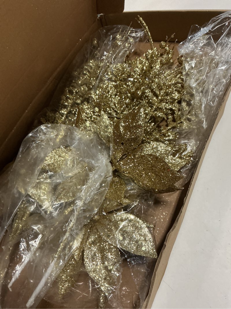 Condition photo showing As Is for 24 pack artificial glitter berry stem ornaments - 17.5 inch fake christmas picks decorations with poinsettia flowers, bead sticks for diy christmas tree, wreath, wedding & small vase decor gold