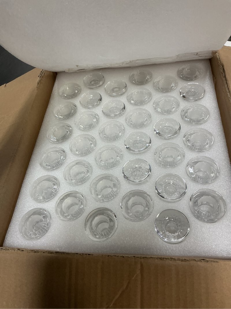 Condition photo showing New/Like New for Foaincore 72 Pack Glass Candlestick Holders Bulk 2.5 Inch Taper Candle Holders Small Ritual Candle Stand Table Centerpieces for Wedding Christmas Valentine's Festival Party Dining Decorations (Clear) Clear 72