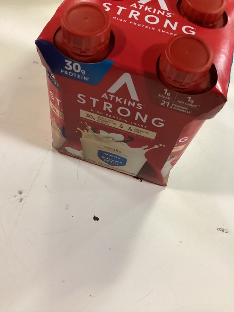 Condition photo showing New/Like New for Atkins Strong High Protein Shake, Vanilla Flavored, 30g Protein, Low Carb and Low Sugar Shake, Keto Friendly, Gluten Free, Muscle and Gut Health Support Complex, 12 Count Best By 04/05/26