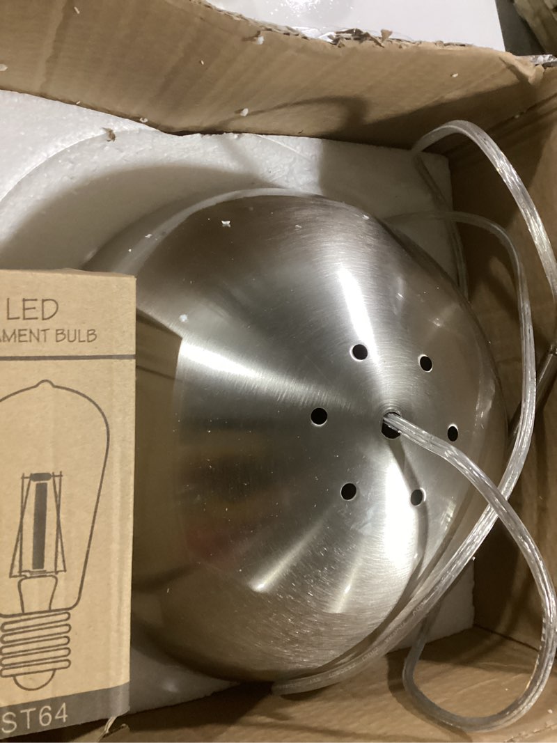 Condition photo showing As Is for Mccokaige 10 Inch Nickel Mid Century Modern Pendant Light Pendants for Kitchen Island Frosted Milky White Glass Globe Height-Adjustable Modern Hanging Globe Pendant Light for Bedroom (Bulb Incl) Nickel, Opal Glass 10" , 1-Pack