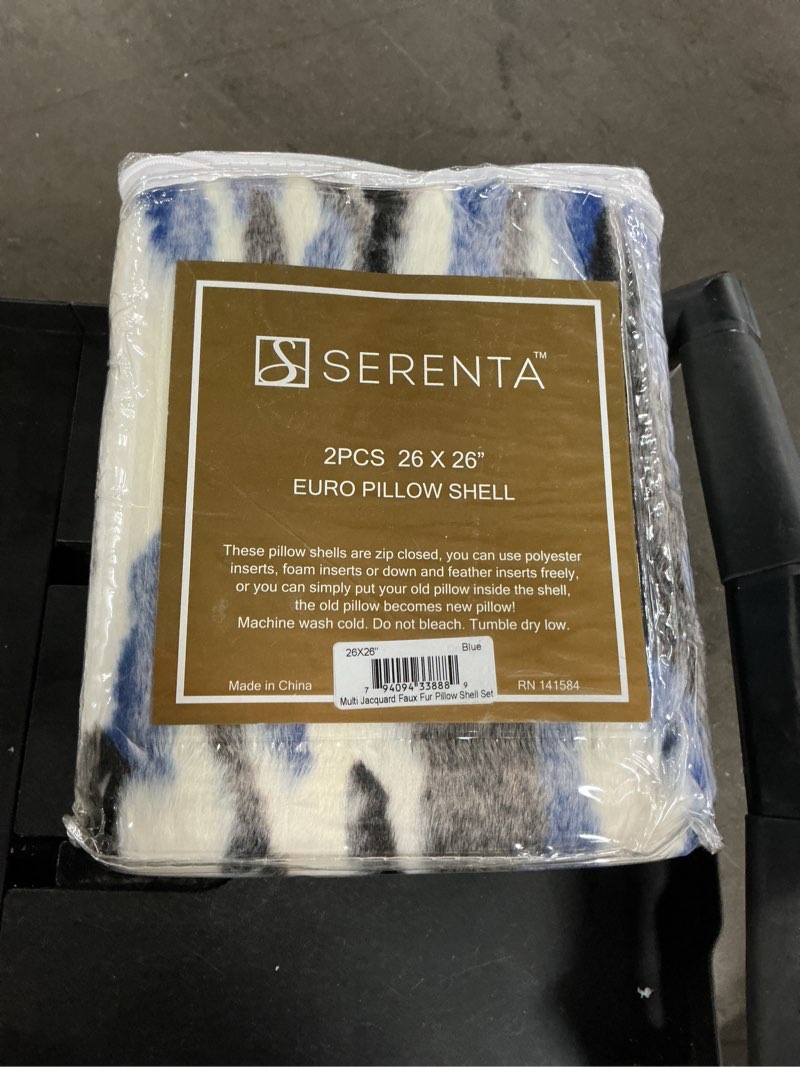 Condition photo showing New/Like New for multi jacquard faux fur decorative euro throw pillow covers 26 x 26 inches set of 2, furry fluffy plush soft luxury cushion case pillowcase for couch bed car bedroom living room, blue multi