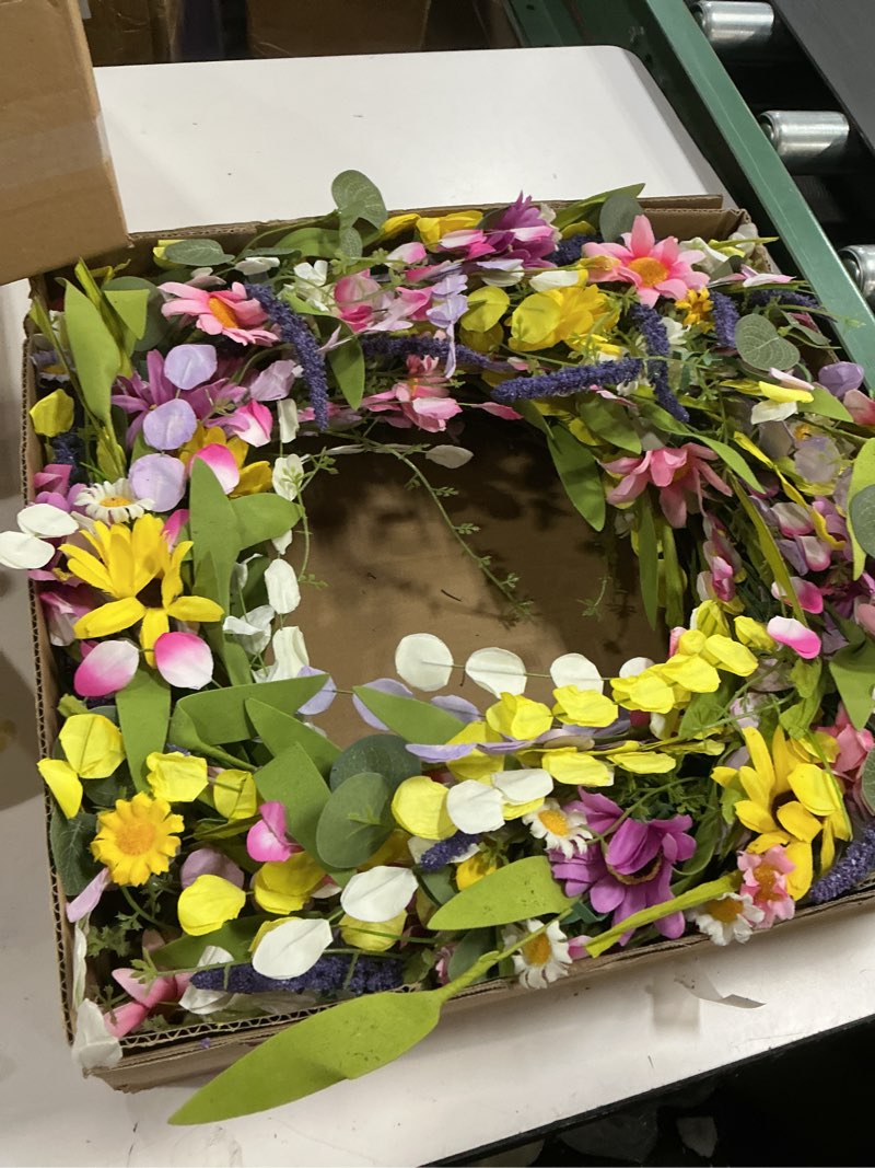 Condition photo showing Good Condition for 24 inches spring wreaths for front door spring flower wreaths summer door wreath colorful wildflower wreath with daisy lavender for window indoors outdoor decor