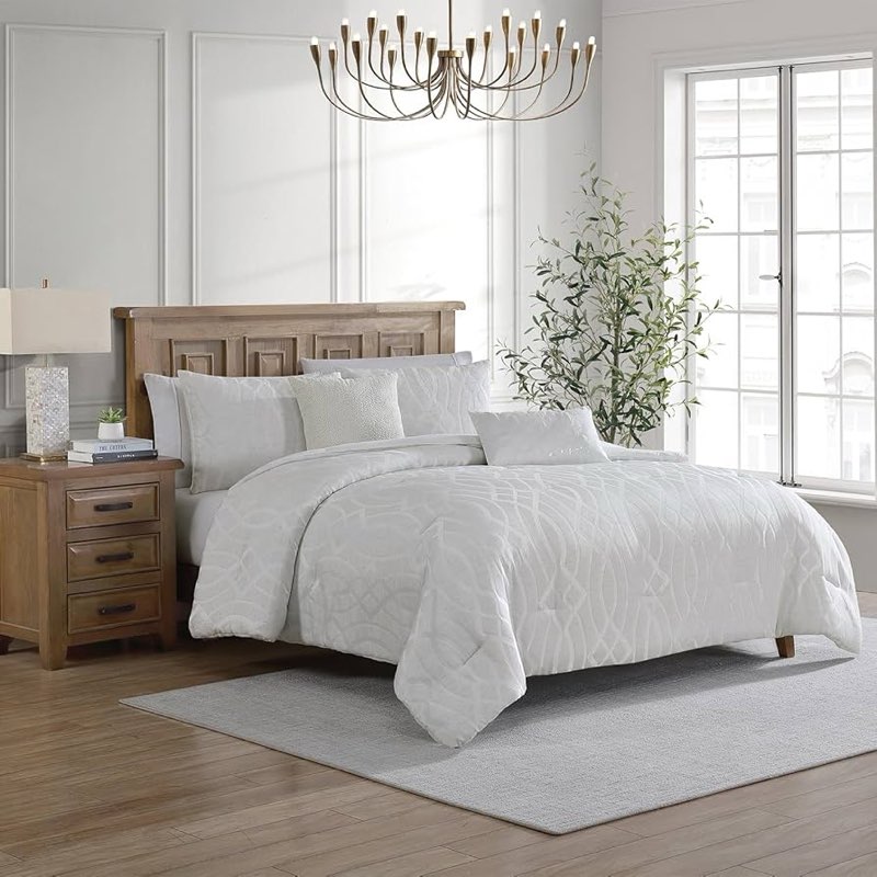 tahari home - queen size comforter, 5-piece jacquard bedding set with matching shams & decorative pi