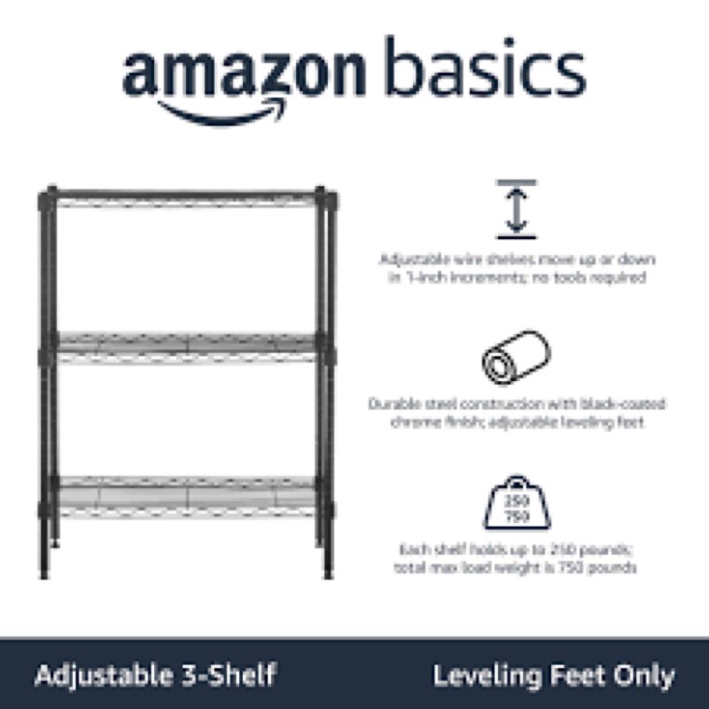 Amazon Basics 3-Shelf Adjustable Heavy Duty Steel Wire Rack Storage Shelving Organizer for Kitchen, 