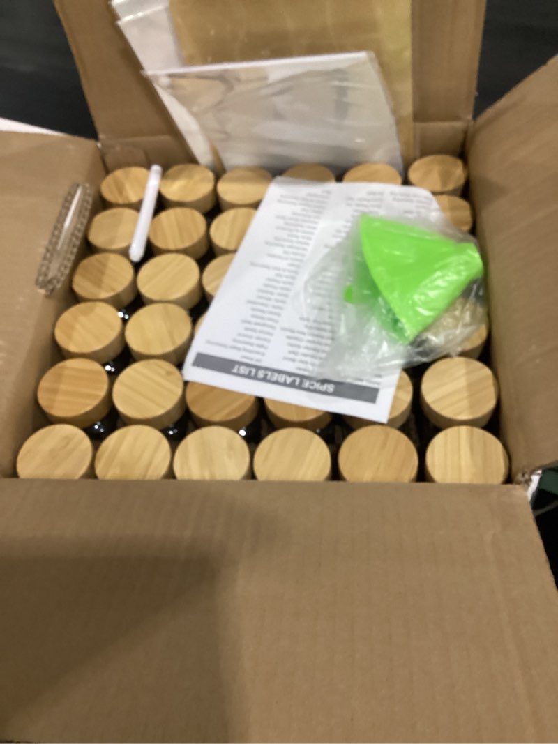 Condition photo showing New/Like New for swommoly 36 glass spice jars with labels,4 oz empty square spice jars with bamboo lids,5 different types of spice labels sets, spice bottles with shaker lids