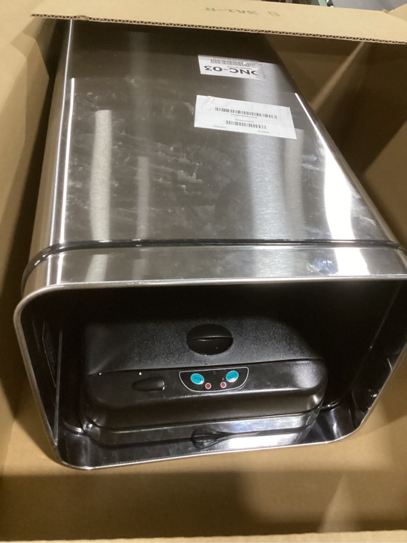 Condition photo showing Good Condition for Amazon Basics Smudge Resistant Mini Rectangular Trash Can With Soft-Close Foot Pedal, Brushed Stainless Steel, for Bathroom & small space, 5L/1.32 Gal, 7.3x8.5x11.8 in, Satin Nickel Finish Satin Nickel Mini, 5L/1.32 Gal