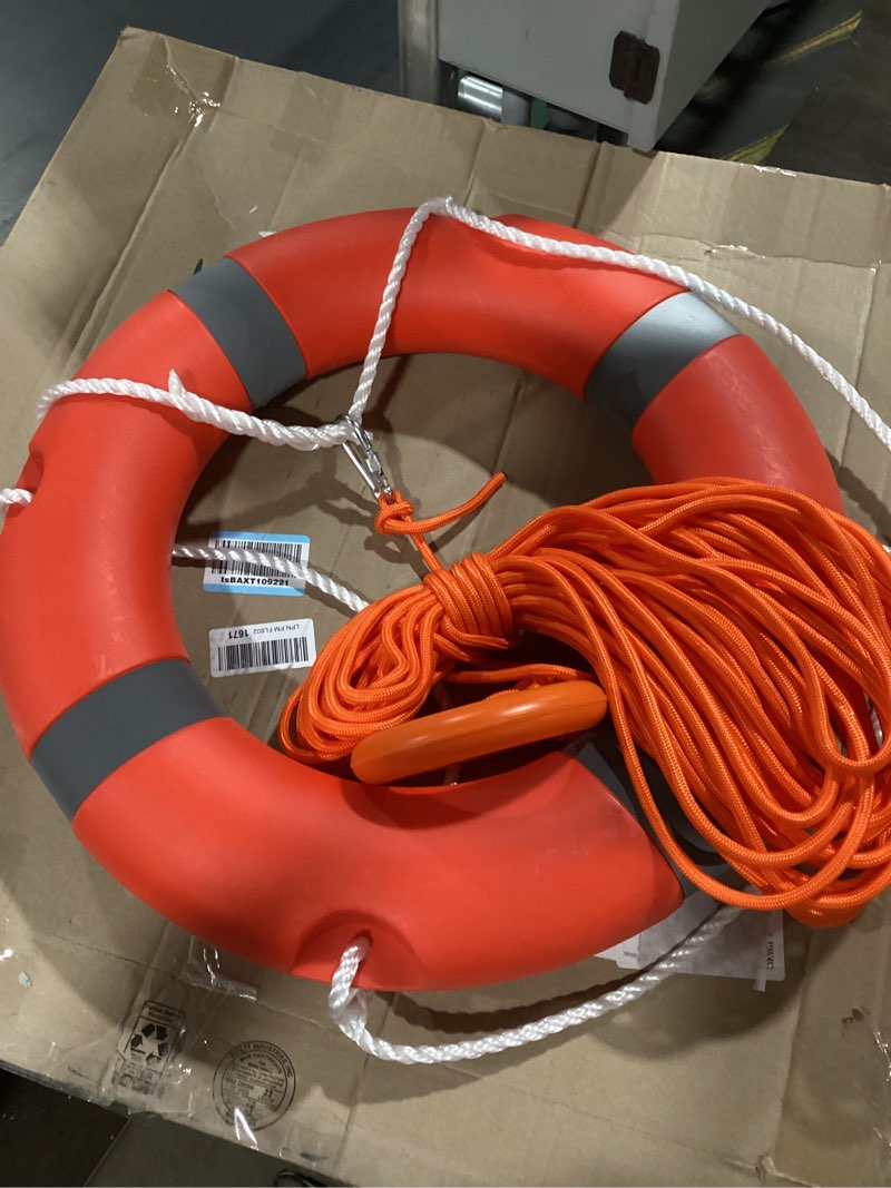 Condition photo showing Good Condition for pool buoy safety boat throw ring life with water floating lifesaving rope and reflective tape orange 14"/22"