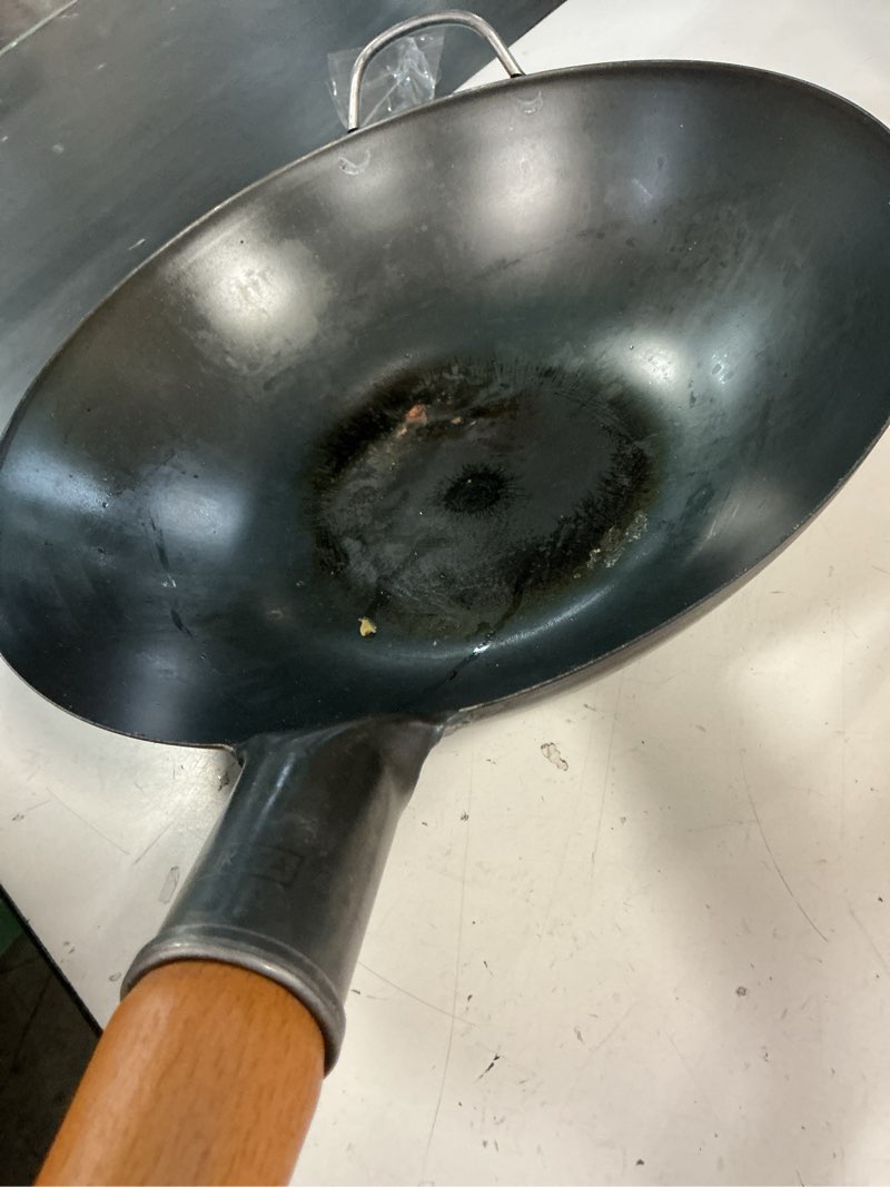 Condition photo showing As Is for yosukata 13.5" carbon steel wok pan – pre-seasoned flat bottom pow wok for stir fry, bbq, grill & camping – traditional japanese chinese cookware – compatible with induction, electric, gas, open fire