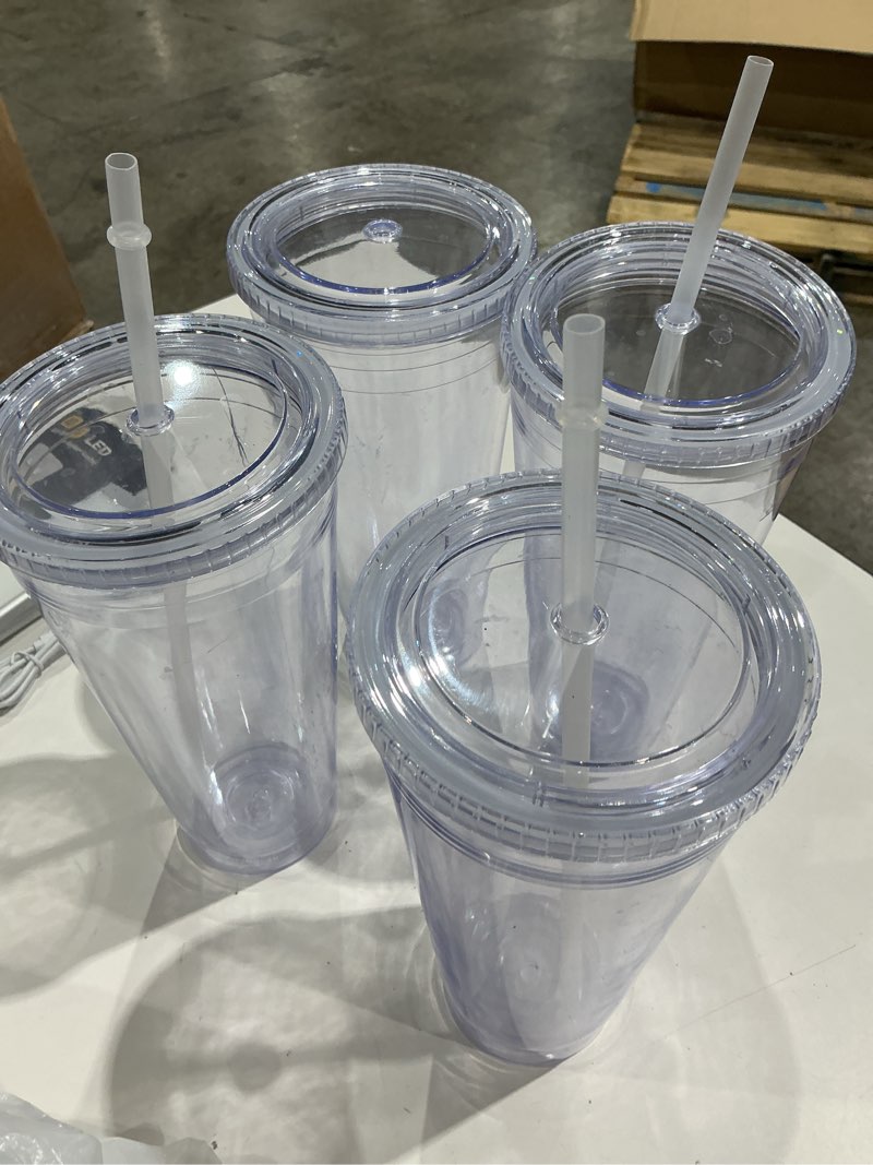 Condition photo showing As Is for luxfuel 32 oz acrylic tumblers with lids and straws, double wall insulated clear plastic tumblers, bpa free, reusable iced coffee cups for parties, birthdays, graduations, fits in car cup holders, 4 pack