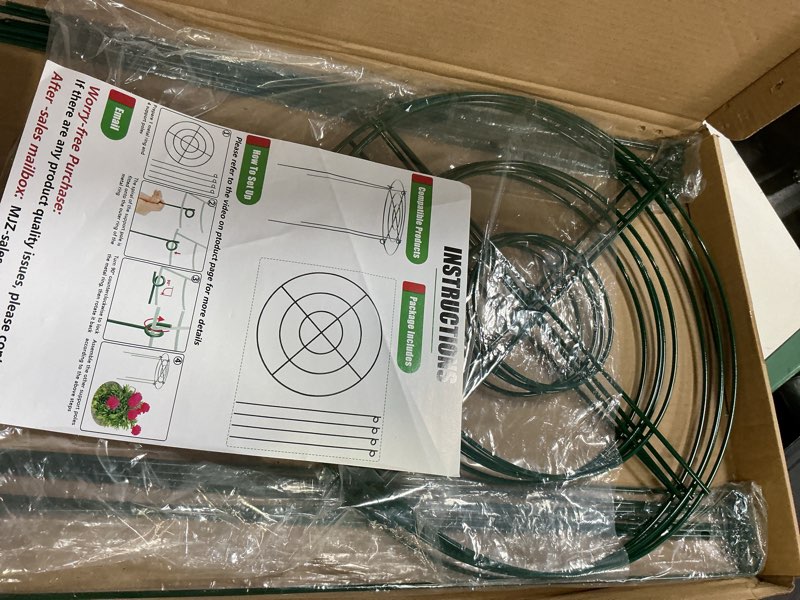Condition photo showing New/Like New for 4 pack peony cages and supports, 14" dx24 h plant supports for outdoor plants, heavy duty metal peony support cage flower support rings, plant support ring for rose tomato hydrangea strawberry 14" wx24" h-4 pack