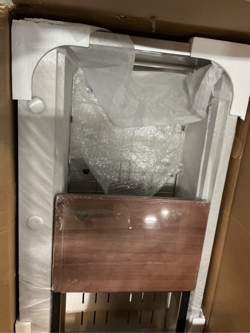 Condition photo showing Good Condition for kitchen sink workstation, 33x19 in stainless steel drop in modern large single bowl workstation sink gift combo-ss grid,drying rack,ss colander,cutting board,drain assembly for various kitchen style 33x19 stainless workstation sink