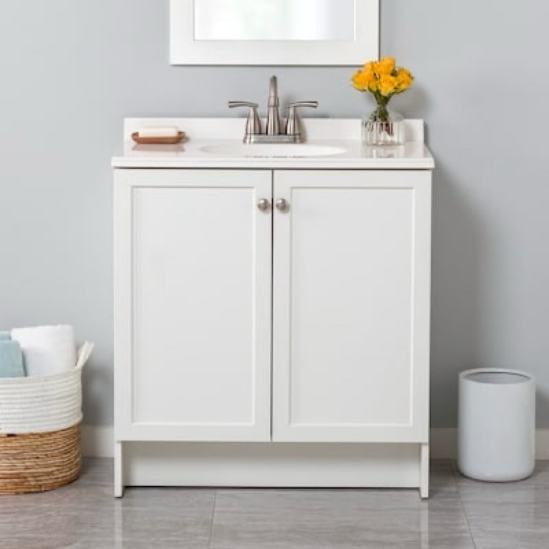 project source  30-in vanity with white cultured marble top  tocador de 76.2 cm con cubierta de mármol cultivado blanco  true white finish base  brushed nickel finish hardware  fully assembled  eady to install  000