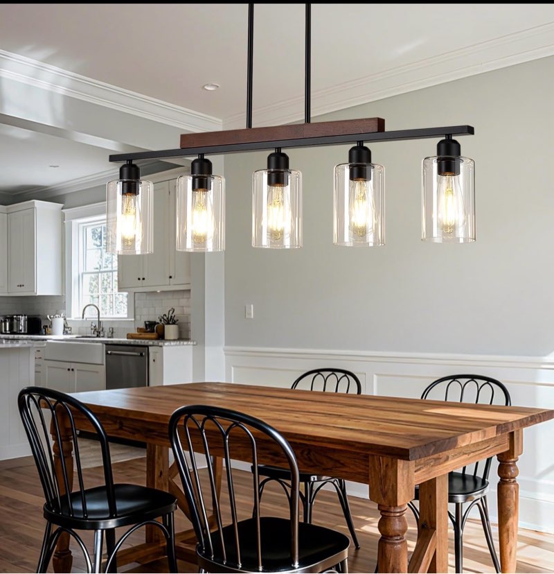 Farmhouse Dining Room Light Fixture: Modern 5-Light Kitchen Island Hanging Lighting with Glass Shade, Matte Black Industrial Linear Chandelier Over Table
