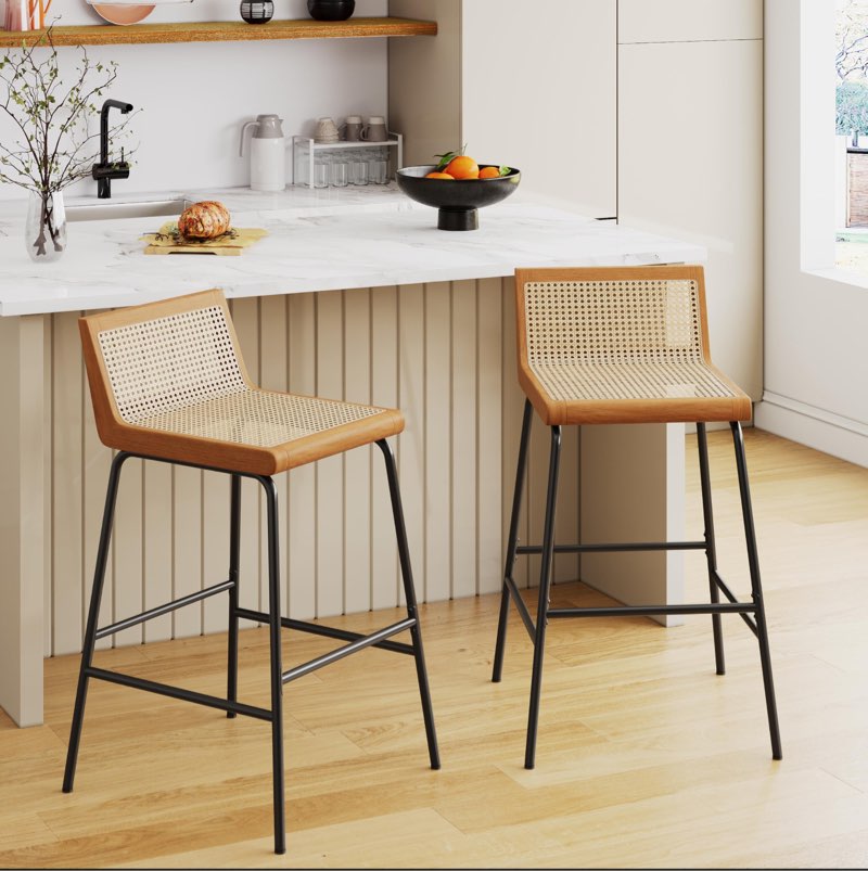 Arlunar Rattan Bar Stools Set of 2,Counter Height Stool with Natural Rattan Woven Design,Oak Finish Frame,for Kitchen Island