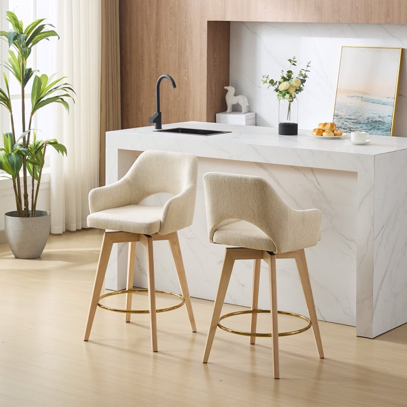 lovetro swivel full back linen upholstered 26.8"h counter stool with solid wood frame and arms (set of 2)