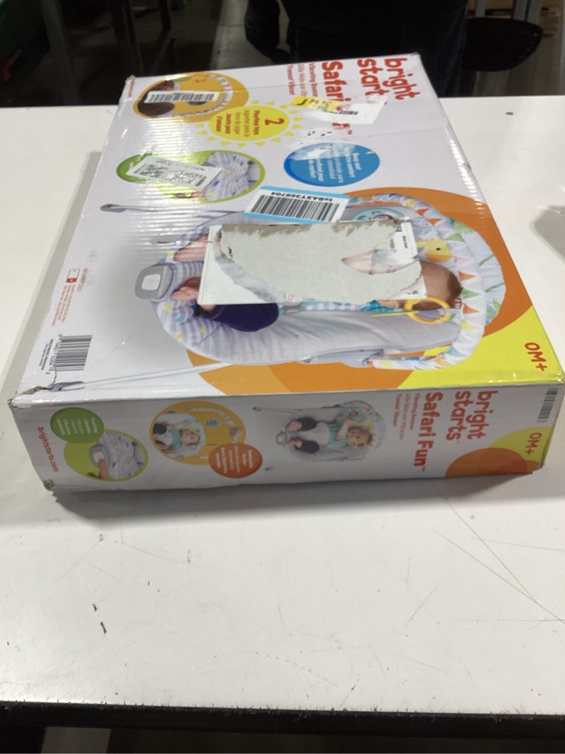 Condition photo showing New/Like New for bright starts baby bouncer soothing vibrations infant seat - removable -toy bar, nonslip feet, 0-6 months up to 20 lbs (safari fun)