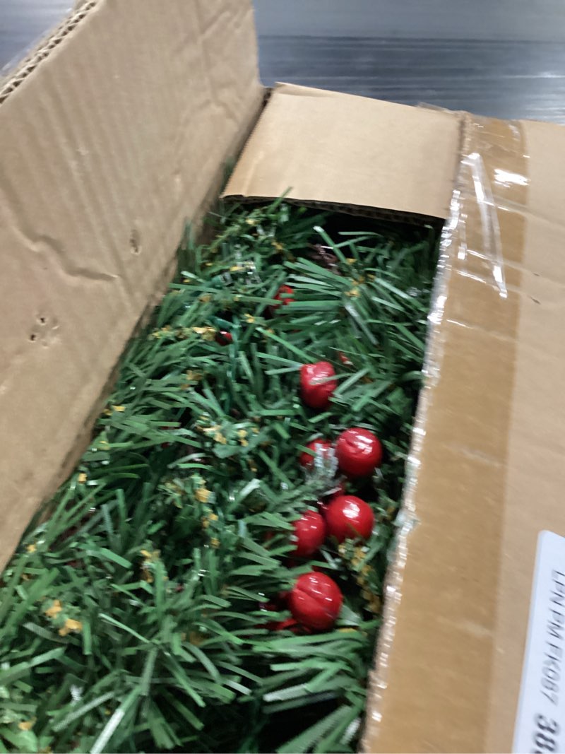 Condition photo showing Good Condition for Christmas Garland with Lights - 9FT Pre-Lit Flocked Garland with 30 LED Bulbs, Red Berries, Pine Cones, Artificial Pine Battery Operated Garland for Fireplace, Staircase, Indoor & Outdoor Decoration