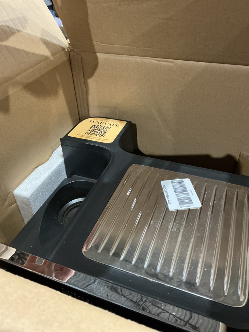 Condition photo showing As Is for incomplete missing pieces ninja luxe café 3-in-1 espresso, drip coffee and cold brew machine | integrated coffee grinder, milk frother, assisted tamper & built-in espresso accessory storage | stainless steel | es601 luxe cafe stainless steel