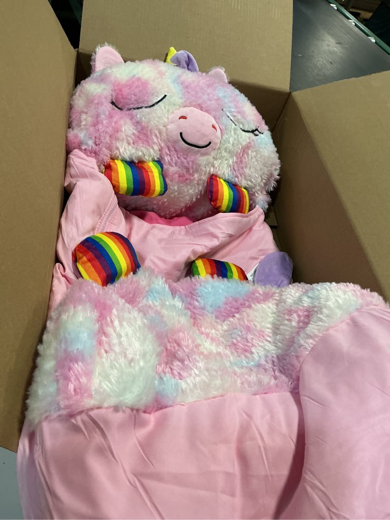 Condition photo showing Good Condition for happy nappers: pillow & sleepy sack: large - rainbow unicorn - 66 x 30", 2-in-1: plush animal opens into sleeping bag, soft play character, kids 7+
