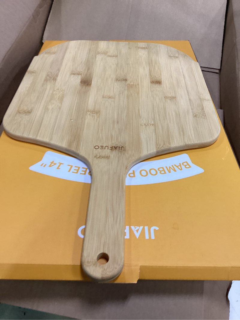 Condition photo showing Good Condition for pizza peel 14 inch, large bamboo pizza paddle spatula - wooden serving board, oven accessory for baking homemade, wood cutting board for cheese bread fruit vegetables 23"l x 14"w x 0.47"th