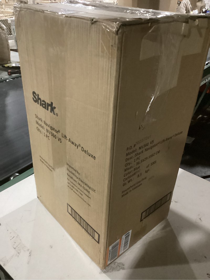 Condition photo showing New/Like New for shark upright vacuum, navigator lift-away deluxe with large dust cup capacity, hepa filter, swivel steering, upholstery tool & crevice tool, blue, nv360