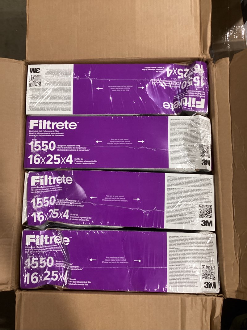 Condition photo showing As Is for filtrete 16x25x4 ac furnace air filter, mpr 1550, merv 12, fits lennox & honeywell, certified asthma & allergy friendly, electrostatic air cleaning filter, 4-pack (actual size 15.88 x 24.56 x 4.31)