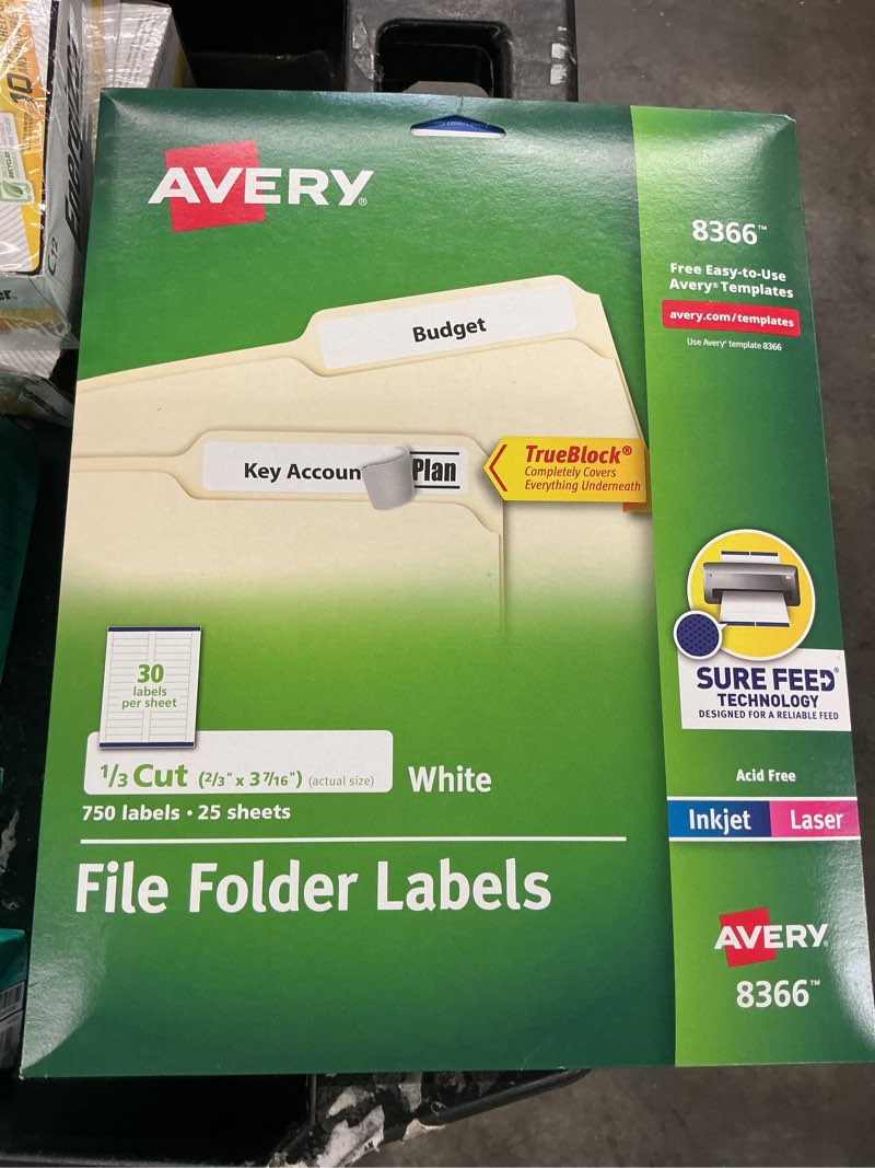 Condition photo showing New/Like New for avery file folder labels with trueblock technology, permanent adhesive, 2/3" x 3-7/16", laser/inkjet, 750 labels (8366)