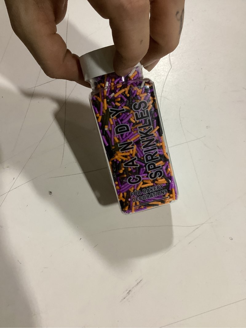 Condition photo showing As Is for Halloween Jimmies Sprinkles - Black Orange Purple White Jimmies Mix for Cake Decorating, Edible Cookie Cupcake Decorations for Halloween Baking & Party Treats Halloween Classic