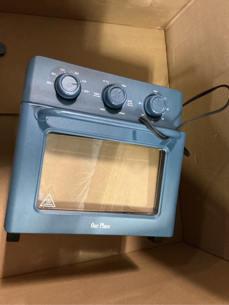 Condition photo showing Good Condition for Our Place Wonder Oven | 6-in-1 Stainless Steel Air Fryer Toaster Oven Combo with Basket, Rack, Pan & Tray | Compact 13 QT Countertop Capacity - Toast, Roast, Bake, Reheat, Broil & Steam | Blue Salt 12.7 Quarts Blue Salt