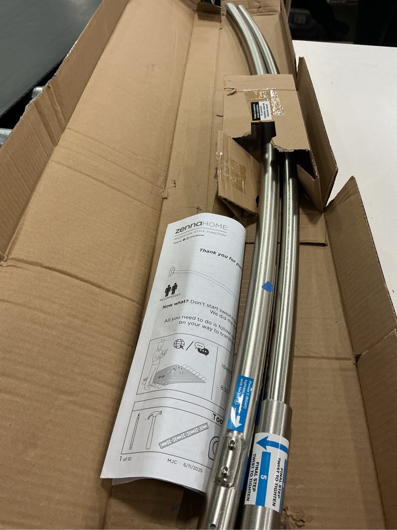 Condition photo showing As Is for Zenna Home Curved Shower Curtain Rod, No Drill, 50-72 Inch Adjustable Tension Shower Rod for Bathroom, Rustproof, 1-Inch Diameter, Non Slip, Easy Install, Adds Space in Shower, Chrome Chrome 50" to 72"