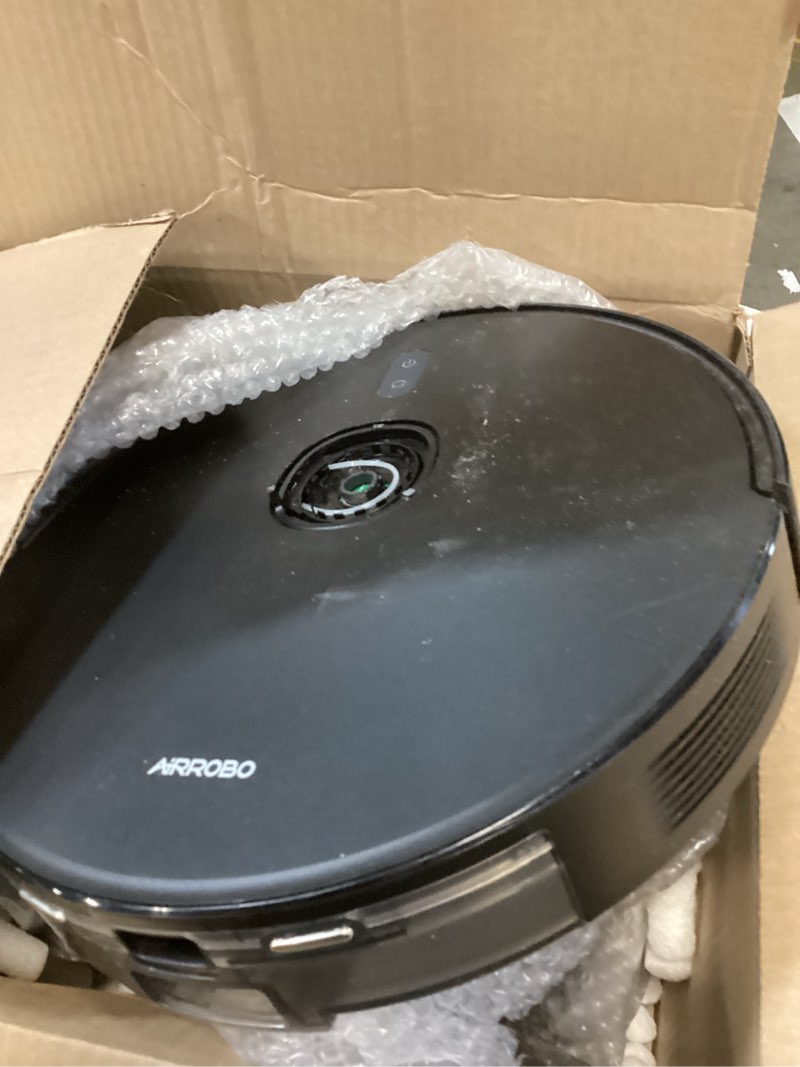 Condition photo showing As Is for AIRROBO Robot Vacuum and Mop Combo, Self-Emptying, 60-Day Capacity, Home Mapping, Schedule, Wi-Fi/App/Alexa/Remote, 180mins Runtime, T20+ Robotic Vacuum Cleaner for Pet, Hard Floors, Carpet Vacuum size: L13.8 x W 13.8 x H3.7 Black