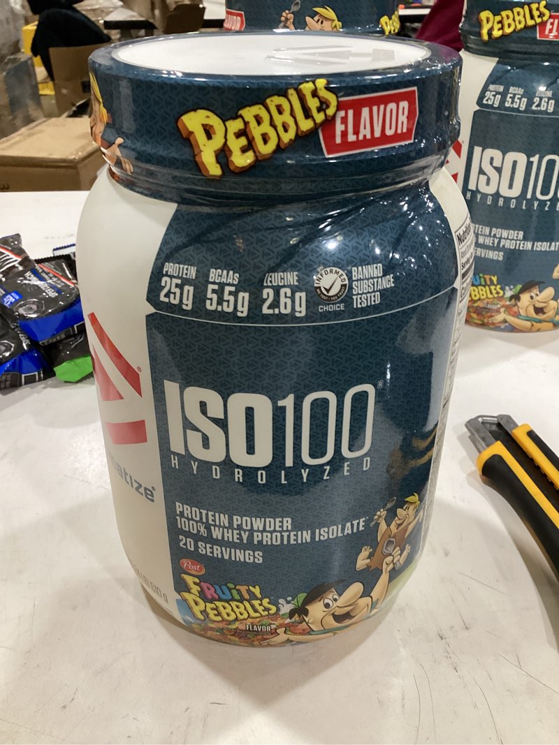 Condition photo showing New/Like New for dymatize iso100 hydrolyzed protein powder, 100% whey isolate protein, 25g of protein, 5.5g bcaas, gluten free, fast absorbing, easy digesting, fruity pebbles, 20 servings fruity pebbles 20 servings (pack of 1)