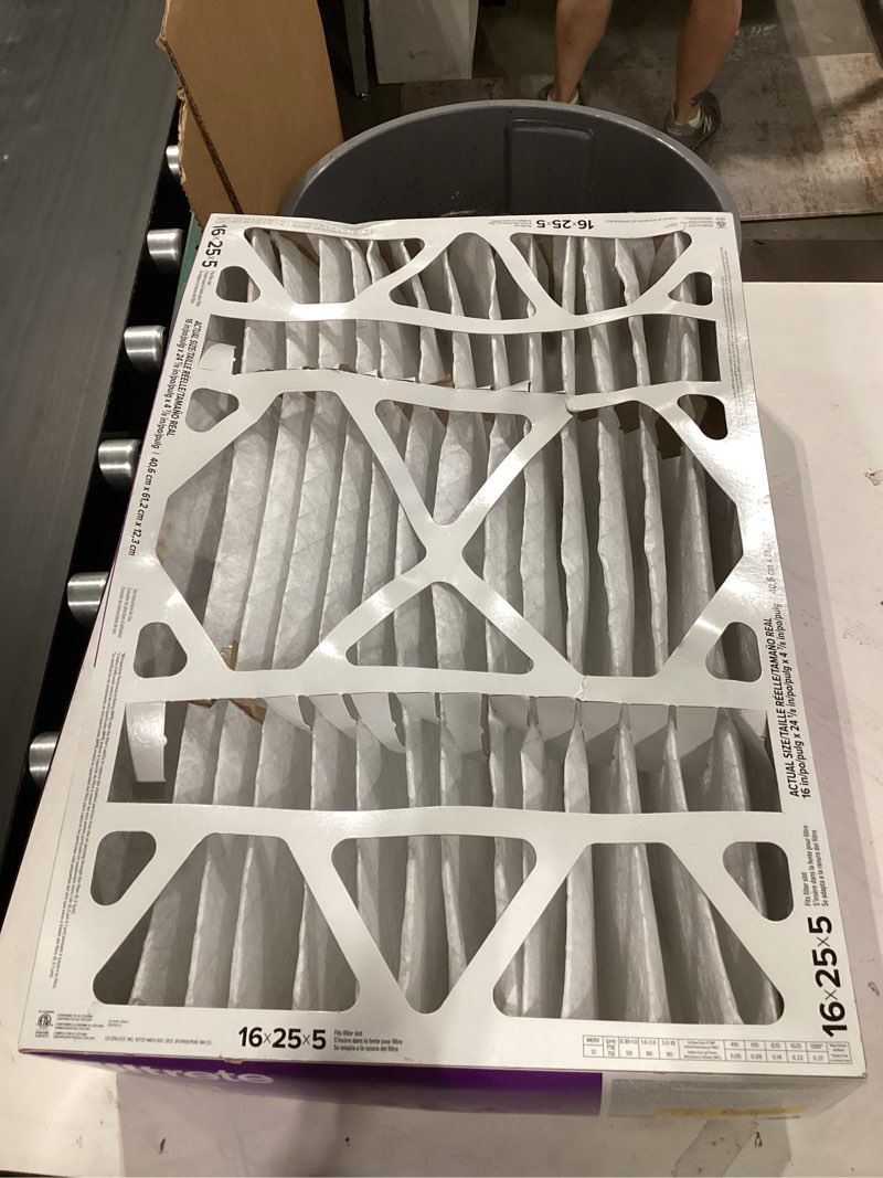 Condition photo showing As Is for filtrete 16x25x5 ac furnace air filter, mpr 1550, merv 12, fits honeywell & trion airbear, certified asthma & allergy friendly, electrostatic air filter, 1-pack (actual size 15.75 x 24.13 x 4.88) 4.9" x 24.1" x 15.6"