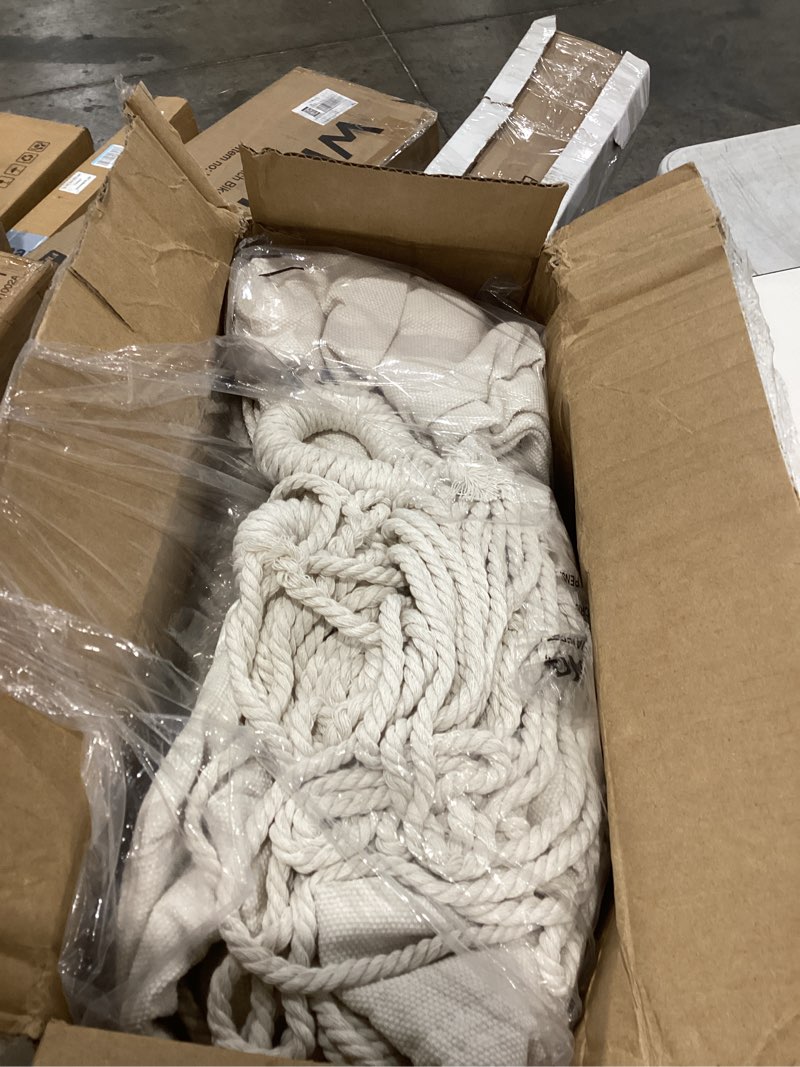Condition photo showing Good Condition for y- stop hammock chair hanging rope swing, max 500 lbs, 2 cushions included, large macrame hanging chair with pocket for superior comfort, with hardware kit (beige) b-beige